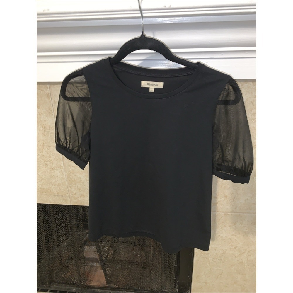 Madewell Women's Black Sheer Sleeve Cotton Top XXS
